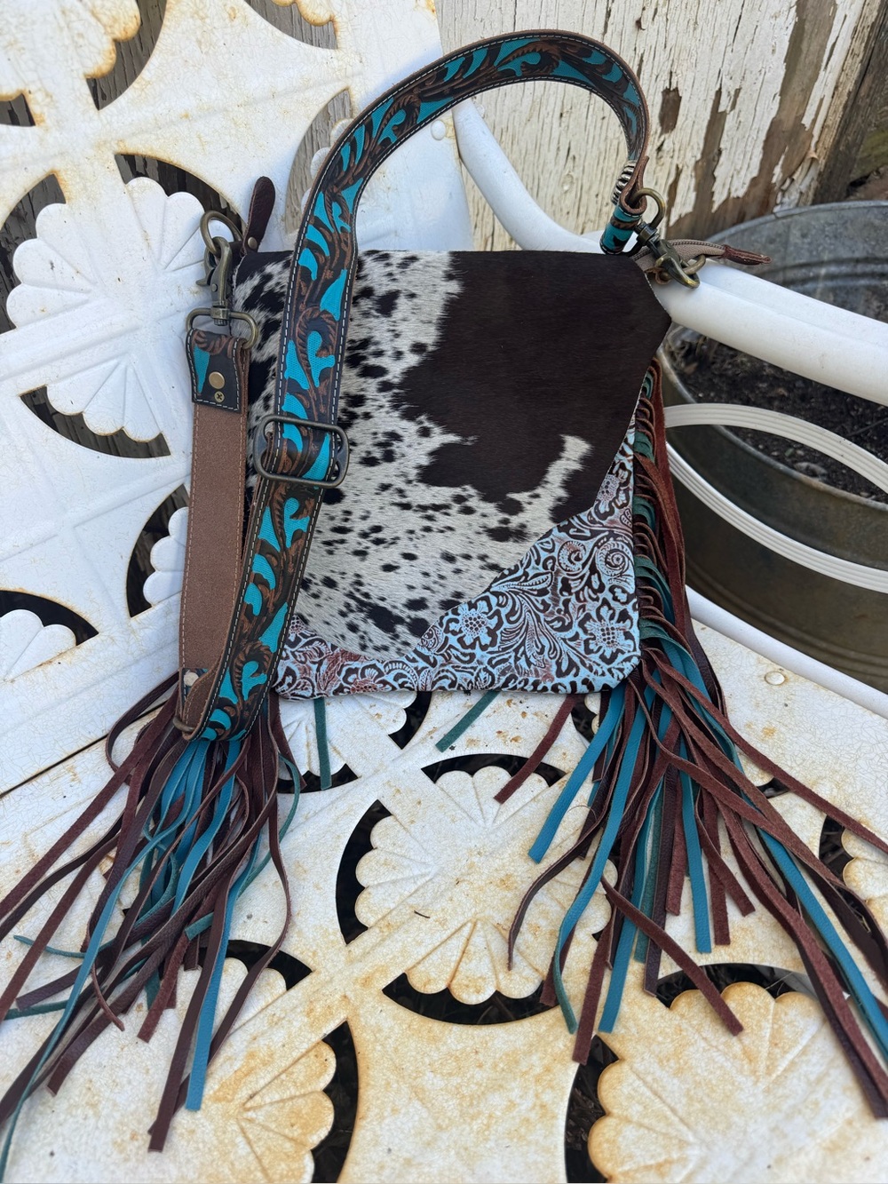 Myra Bag Brown & Turquoise Cowhide Fringe Shoulder Bag